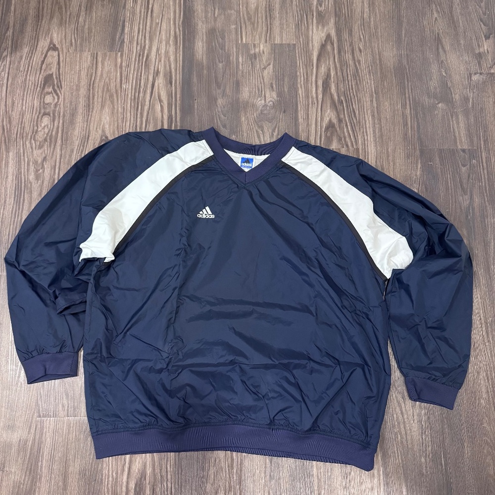 Adidas Navy and White V-neck Vintage Style Cozy Streetwear Pullover  2XL